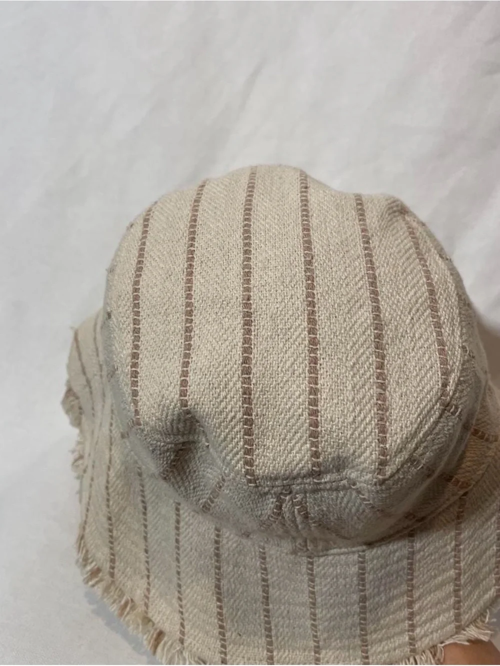 Frayed Edge Beige Striped Bucket Hat
